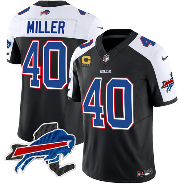 Men's Buffalo Bills #40 Von Miller Black/White 2023 F.U.S.E. New York Patch and 4-Star C Patch Vapor Untouchable Limited Stitched Football Jersey Men's Buffalo Bills #40 Von Miller Black/White 2023 F.U.S.E. New York Patch and 4-Star C Patch Vapor Untouchable Limited Stitched Football Jersey